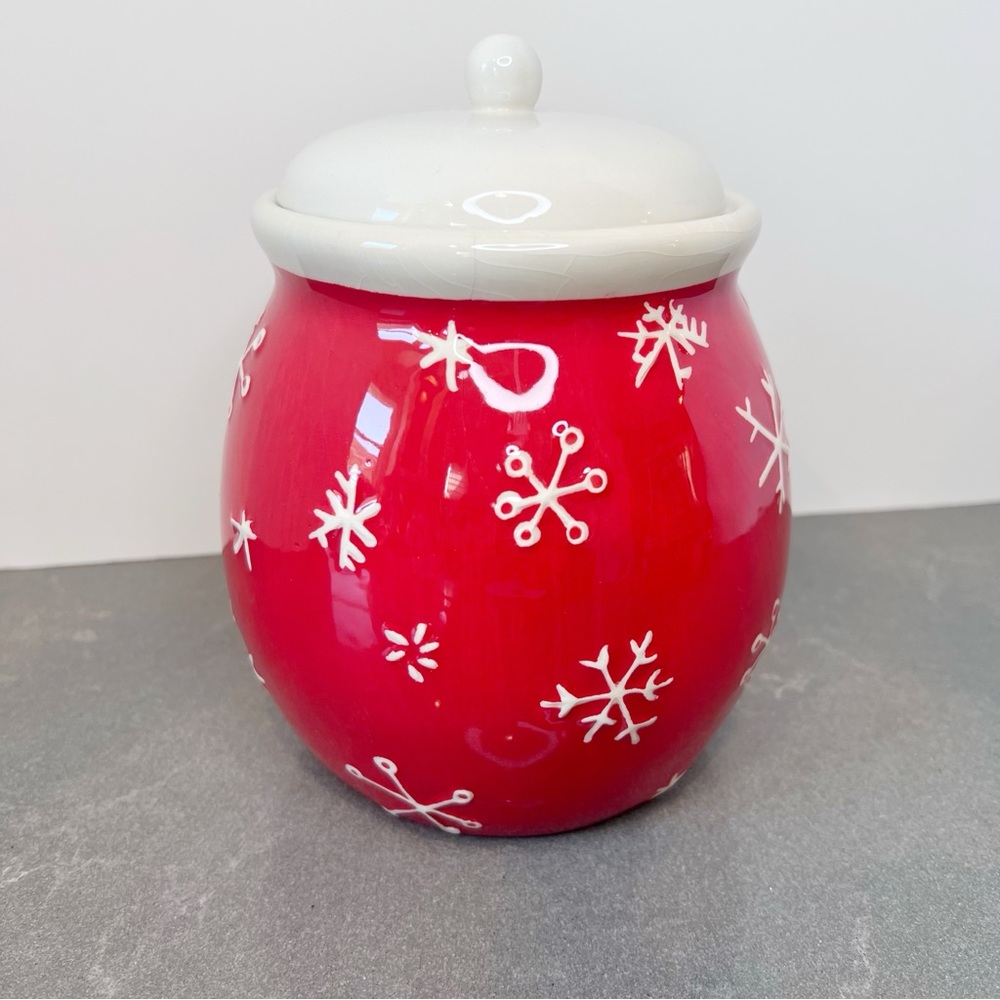 Hallmark Merry Days ceramic cookie jar with Holiday snowman and snowflake - Picture 2 of 5